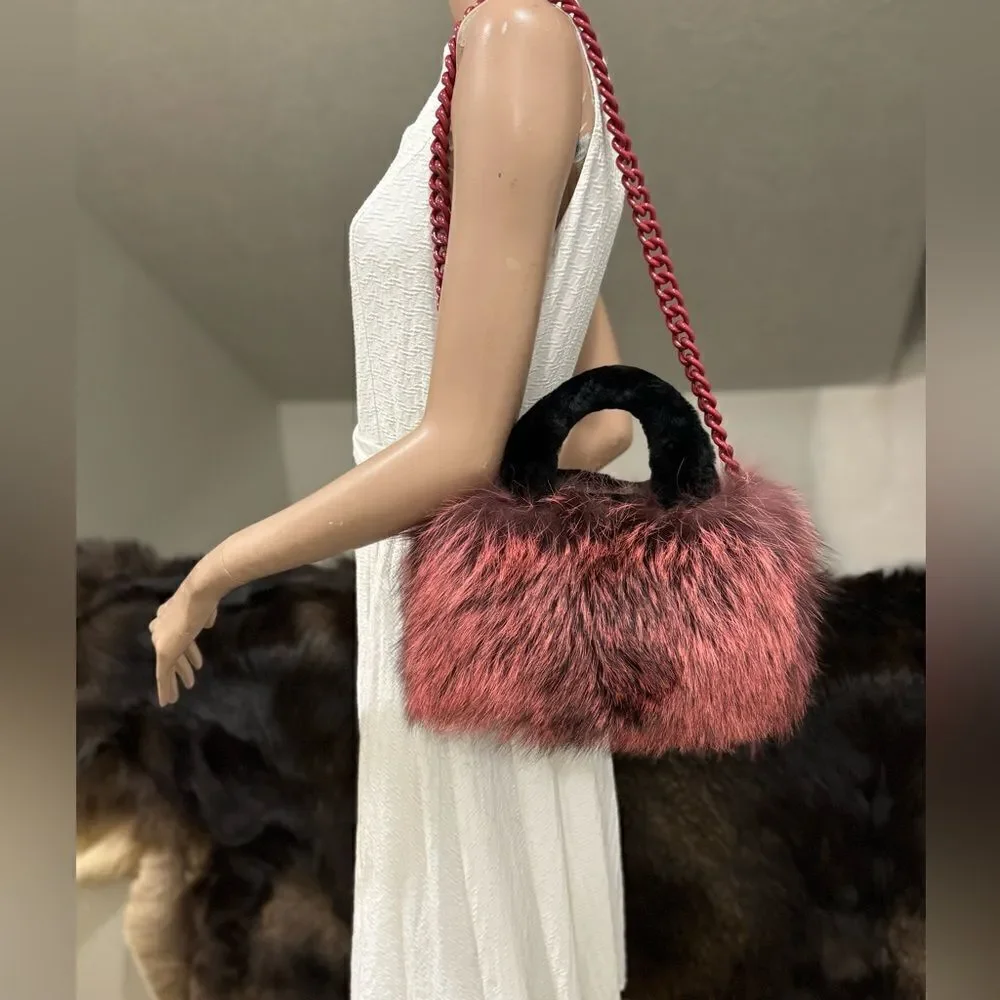 Maroon Handmade Dyed Real Fox Fur Bag With Fur Handle Includes 2 Strap Styles